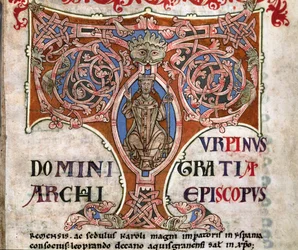 Initiale T mit einer Darstellung von Karl dem Großen, Illustration aus dem Codex Calixtinus, ca. 1140