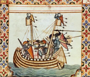 Die Kreuzfahrer auf dem Weg zur Belagerung einer Sarazenenfestung Detail einer Seite aus einem Manuskript des Liedes von der Heiligen Maria (Cantigas de Santa Maria), dekoriert mit Miniaturen, die der Heiligen Maria und ihren Wundern gewidmet sind, eine Sa