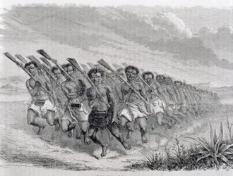 Maori-Krieger führen einen Kriegstanz auf, Illustration aus 
