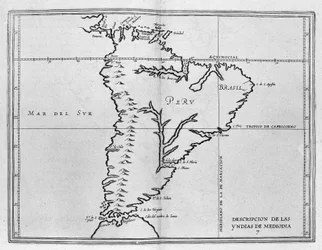 Karte von Meridionale Amerika (Südamerika oder Lateinamerika) aus einem spanischen Reiseband vom Anfang des 17. Jahrhunderts. Der Pazifische Ozean wird als Südsee bezeichnet und die Länder Peru und Brasilien sind benannt sowie die Äquatorlinie.