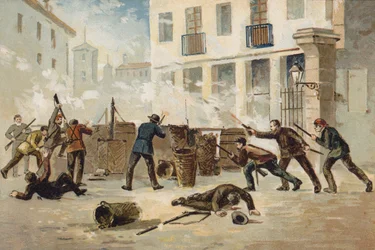 Mitglieder der Nationalmiliz in Valencia weigern sich zu entwaffnen, Spanien, 1873