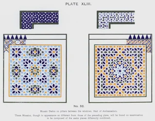 Mosaik-Dados an Säulen zwischen den Fenstern, Halle der Botschafter (Farblithografie)