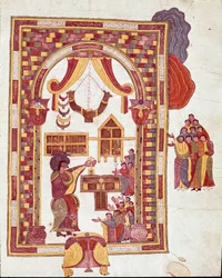 Mozarabische Kunst: der Tempel von Jerusalem, Aaron als Hohepriester vor einem Altar. Miniatur aus einer mozarabischen Bibel. 10. Jahrhundert. León. Bibliothek der Königlichen Kollegiatkirche von San Isidoro. Spanien
