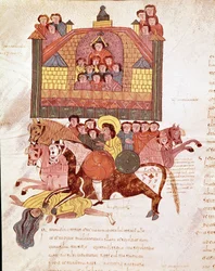 Mozarabische Bibelseite: Tod der Königin Isebel, Seite aus einer mozarabischen Bibel