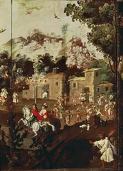 Panel von einem Paravent, das eine Reihe von Steinhäusern mit tanzenden Indianern darstellt