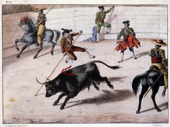 Stabhochsprung, Stierkampf in Spanien, spanische Lithographie, 19. Jahrhundert