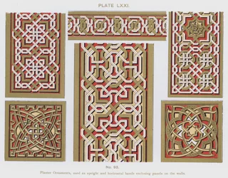 Stuck-Ornamente, verwendet als vertikale und horizontale Bänder, die Paneele an den Wänden umschließen (Farblitho)