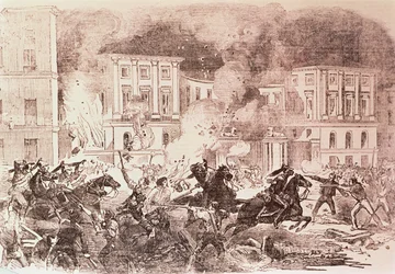 Volksaufstände in Madrid, die Aufständischen versuchen, den Palast von Königin Maria Christina im Jahr 1854 in Brand zu setzen