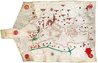 Portulankarte des Mittelmeers und des nordöstlichen Atlantiks, dies ist der älteste Portulan in den Sammlungen des National Maritime Museum