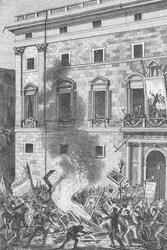 Pueblo de Barcelona verbrennt Porträts der Bourbonen, 1868