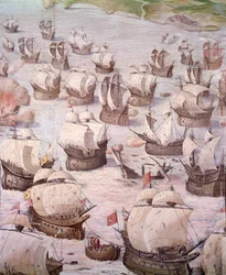 Regatta spanischer Galeonen während einer Expedition zu den Azoren im Jahr 1582 unter Philipp II. (1527-1598), König von Spanien. Fresko aus dem 16. Jahrhundert. Saal der Schlachten, Palast des Escorial, Madrid.