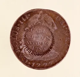 Silbermünze (8 Reales) aus Spanien: Herrschaft von Karl III (1759-1788) 1777 mit Gegenstempel von 1787. Neapel, Museo Archeologico
