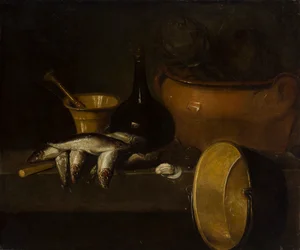 Stillleben mit Fisch und Artischocken (Öl auf Leinwand)