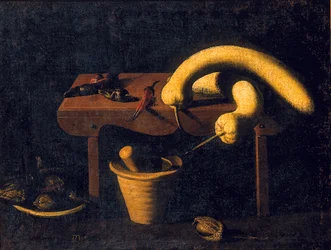 Stillleben mit Paprika und Kürbissen auf einer Bank mit einem Mörser und Stößel und toten Vögeln, ca. 1620