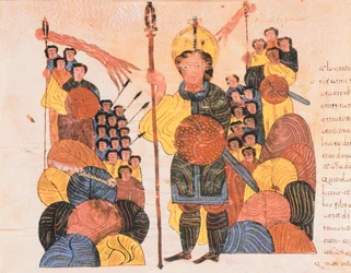 Die Niederlage Goliaths, aus der Westgotisch-Mozarabischen Bibel von St. Isidores, fol.118v., 960 n. Chr. (Tempera auf Pergament)