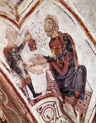 Der Zyklus der Monate: Pontius Pilatus wäscht seine Hände. Detail eines Freskos aus dem 12. Jahrhundert im Königlichen Pantheon der Real Colegiata von San Isidoro