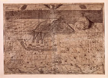 Der Aufstand Kataloniens oder der Krieg der Schnitter (1640-1659), die Belagerung Barcelonas zu Wasser und zu Land durch die Truppen Philipps IV. von Spanien (1605-1665). Gravur 1652. Stadtgeschichtsmuseum, Barcelona
