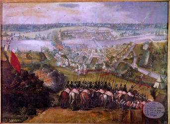 Die Belagerung von Maestrich durch die Spanier im Jahr 1579. Gravur des 17. Jahrhunderts. B.N. Paris