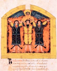 Die drei Hebräer, Schadrach, Meschach und Abed-Nego, in den Ofen geworfen von Nebukadnezar, fol.318v, aus der Westgotisch-Mozarabischen Bibel von St. Isidor, A.D. 960