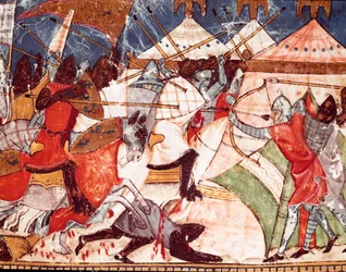 Trojanischer Krieg: Trojaner überfallen das Militärlager der griechischen Krieger. Detail einer Miniatur aus dem spanischen Manuskript „Codex Benito de Santa Mora“