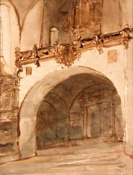 Kircheninneres. Blick auf die Vorhalle und die Orgelempore