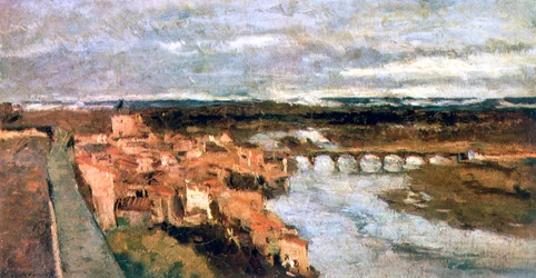 Landschaft mit Dorf und Brücke