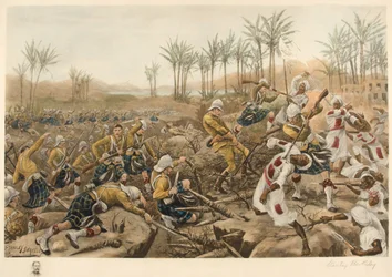 Die Cameron Highlanders nehmen eine Palisade ein, Atbara, 8. April 1898 (Fotolithografie)