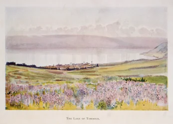 Aquarell von Stanley Inchbold, Darstellung des Sees Genezareth in Palästina 1906