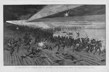 Die Schlacht von Alexandrovno, imaginierte Schlachtszene in einem Krieg zwischen Russland und Deutschland, bei der elektrisches Licht verwendet wird, um das Schlachtfeld nachts zu beleuchten