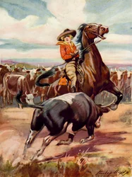 Szene aus In der Gewalt der Banditen: ein Cowgirl zu Pferd wird von einem großen Stier angegriffen