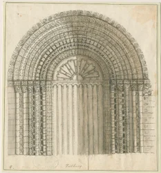 Tutbury Priory Kirche - Bogen in der Westtür: Feder- und Sepia-Zeichnung, undatiert [1762-1802]