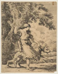 Eine Nymphe hält einen großen Hund am Halsband (ca. 1654)