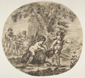 Ein Kind und ein Satyrkind spielen mit einer Ziege, ca. 1657