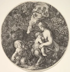 Eine weibliche Satyr stillt ein Kind