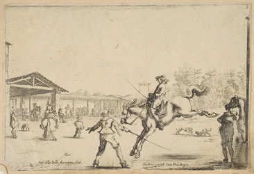 Eine Reitschule, ein Reiter mit Schwert springt, geleitet von einem anderen Mann mit Schwert, ca. 1645