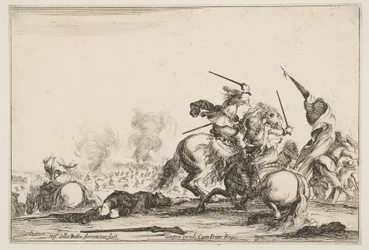 Ein Gefecht, zwei Reiter kämpfen mit Schwertern rechts, Männer mit einer Flagge rennen..., ca. 1645