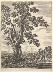 Eine Frau zu Pferd von hinten gesehen, die einen Hügel hinunterreitet, ein großer Baum ..., ca. 1652-57