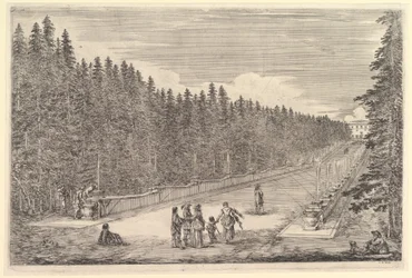 Eine Brunnenallee, eine Gruppe von Menschen, aus „Ansichten der Villa von Pratolino“