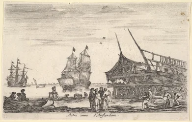 Eine andere Ansicht von Amsterdam, eine Gruppe von vier Männern steht in der Mitte, 1647