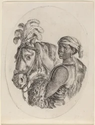 Schwarzer Stallknecht mit einem arabischen Pferd