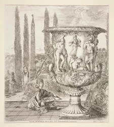 Junge, der die Medici-Vase in einem italienischen Garten skizziert