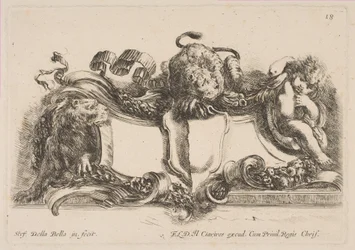 Kartusche mit einem leeren Schild, überragt von einem Löwen und eingerahmt von einem Löwen und einem Kind, 1646