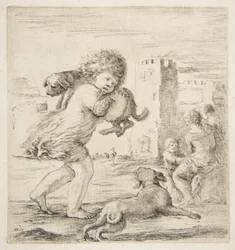 Kind trägt einen Welpen auf der Schulter, ca. 1662