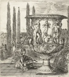 Der junge Cosimo III. de Medici zeichnet die Medici-Vase Romae, in hortis Medicaeis marmoreum eximium (Titel auf Objekt) Ansichten von Rom und Umgebung (Serientitel) Six grandes vues, dont quatre de Rome et deux de la Campagne romaine (Serientitel)