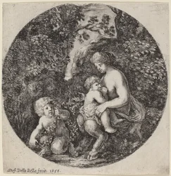 Weiblicher Satyr, der ein Kind in einer bewaldeten Landschaft stillt