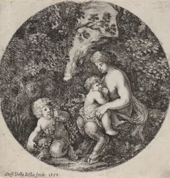 Weiblicher Satyr, der ein Kind in einer bewaldeten Landschaft stillt, 1656