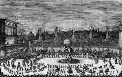 Fest in Florenz im 17. Jahrhundert in „Il mondo feggiante. Balletto a cavallo fatto nel teatro congiunto al Palazzo del Sereniss. Gran Duca, per le reali nozze de 