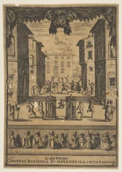 Frontispiz für die Komödie Die Buffonen Li Buffoni, eine Bühnenkulisse ähnelnd..., ca. 1639
