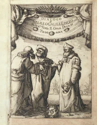 Galileo (links) im Gespräch mit Ptolemäus (Mitte) und Kopernikus, illustrierte Frontispiz aus Dialogo sopra i due Massimi Sistemi del Mondo, Tolemaico e Copernicano (Dialog über die zwei wichtigsten Weltsysteme, Ptolemäisch und Kopernikanisch)