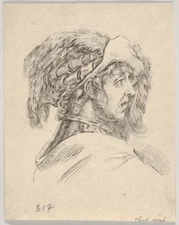 Kopf eines bartlosen Mannes im Profil nach rechts (aus Diverse Köpfe und Figuren, 1650)